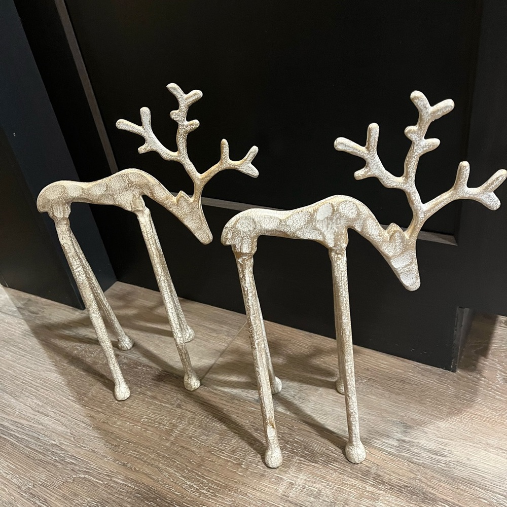NEW Pair of Decorative Iron Reindeer - Cream and Gold